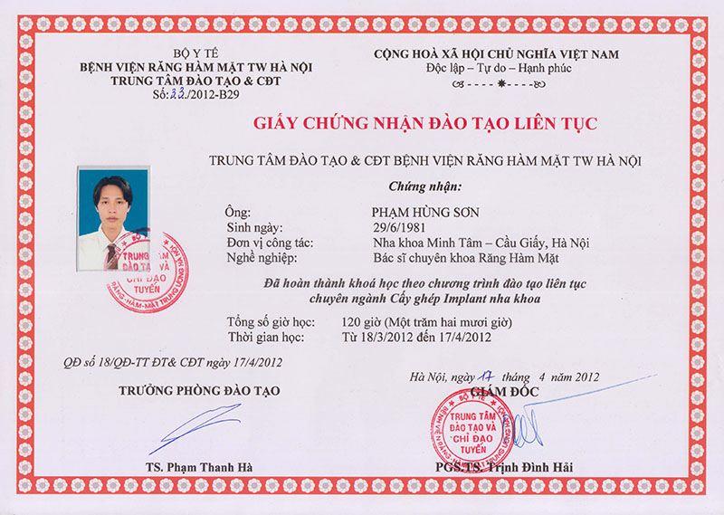 Chứng chỉ cắm ghép implant nha khoa số: 33/2012 – B29
