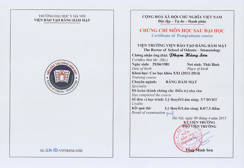 Tốt nghiệp bác sĩ chuyên khoa Răng Hàm Mặt tại Đại học Y Hà Nội